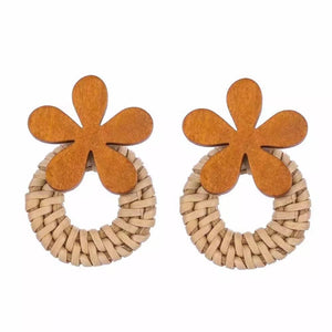 Wooden Flower Rattan Earrings - Ellevoke